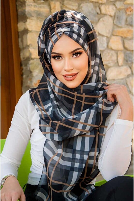 Siyah Bej Ekose Desen Hazır Şal