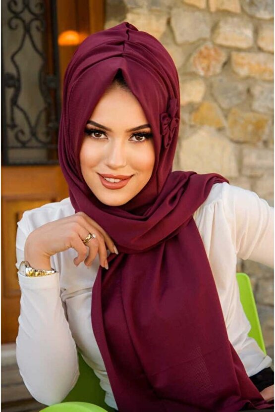 Bordo Çiçekli Pratik Şal