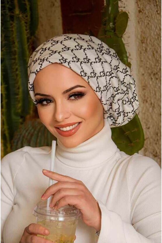 Beyaz Hat Desen Çağla Hazır Türban