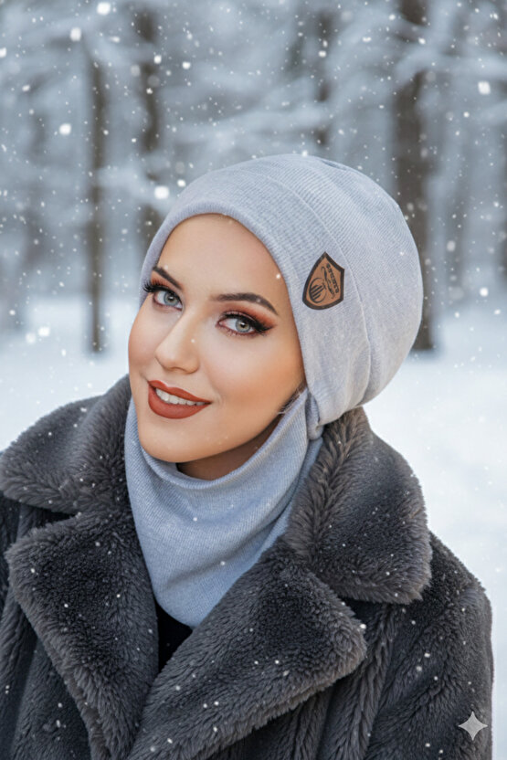 Açık Gri Armalı Maskeli Bere