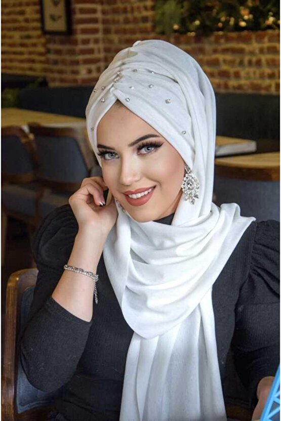 Kırık Beyaz Taş Detay Büzgülü Abiye Şal