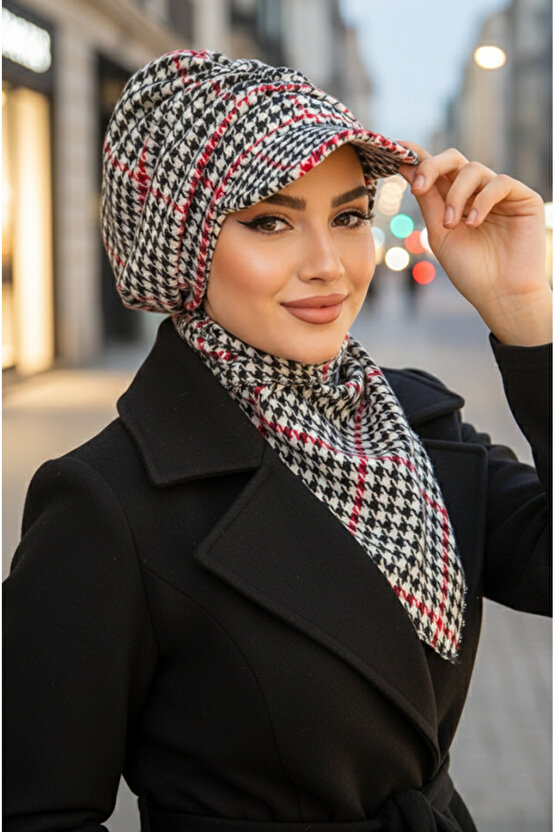 Kırmızı Kazayağı Büzgülü Tesettür Şapka