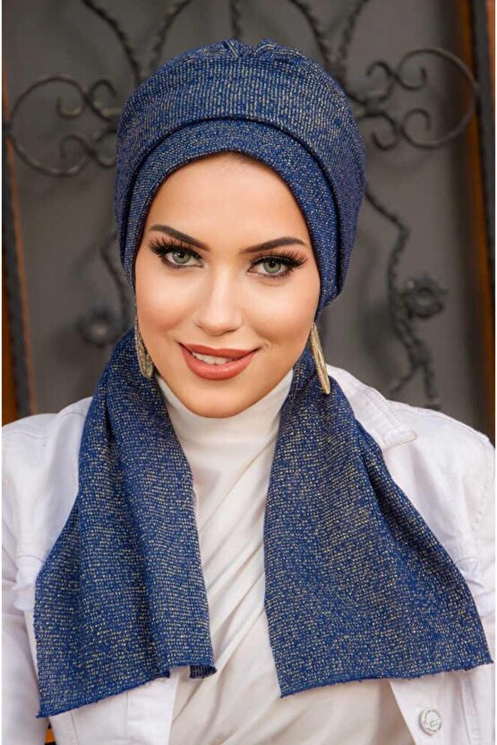 Lacivert Gold Işıltılı Atkılı Tesettür Bone