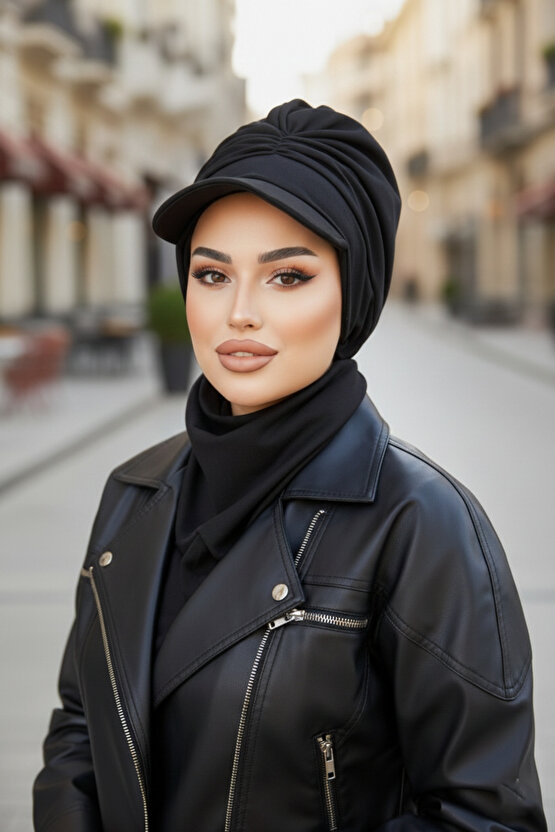 Siyah Büzgülü Tesettür Şapka