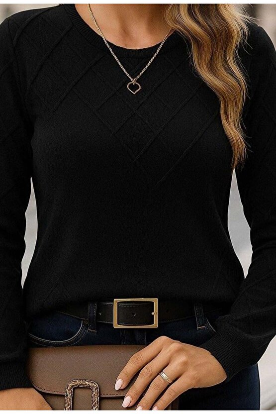 Kadın Uzun Kollu Bisiklet Yaka Geometrik Desenli Triko Bluz