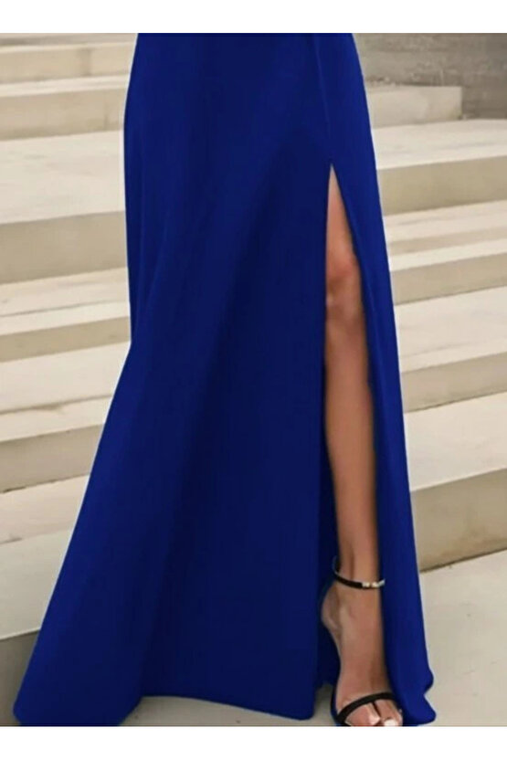 Kadın Uzun Kollu Madonna Yakalı Yırtmaç Detaylı Uzun Ithal Krep Elbise