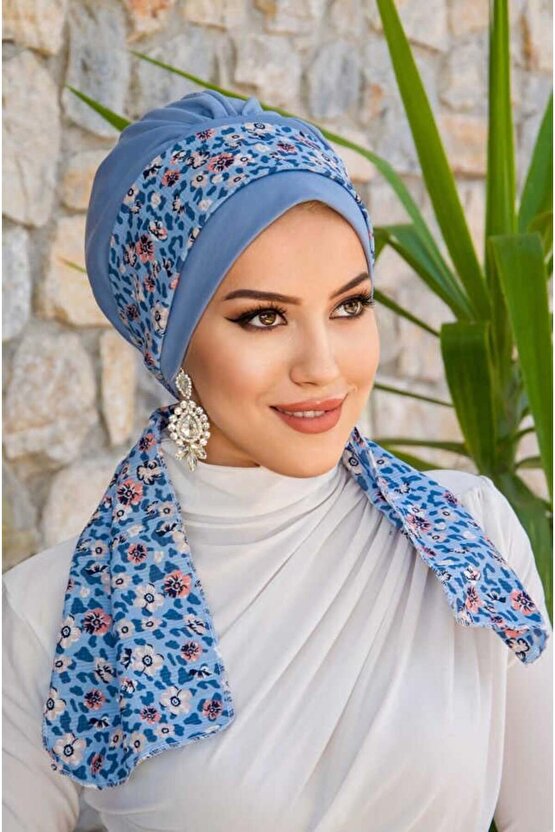 Mavi Çiçek Desenli Fularlı Bone