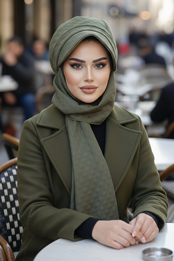 Haki Kapitone Atkılı Tesettür Şapka