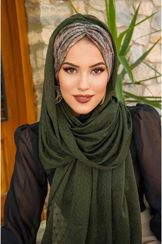 Haki Büzgülü Hazır Şal - 50601