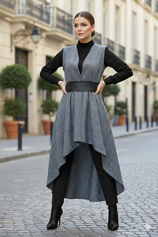 Füme Siyah Kareli Yelek