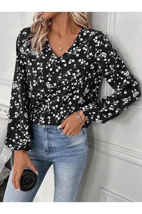 Kadın Uzun Kollu V Yakalı çiçek Desenli Modal Bluz