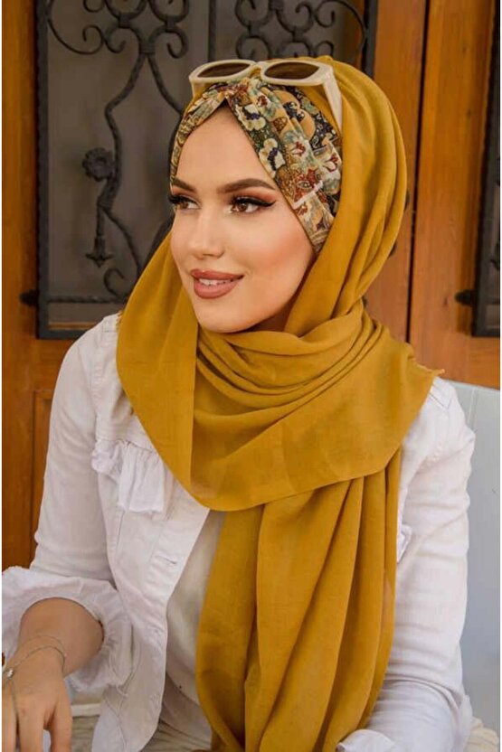Hardal Etnik Desen Büzgülü Hazır Şal