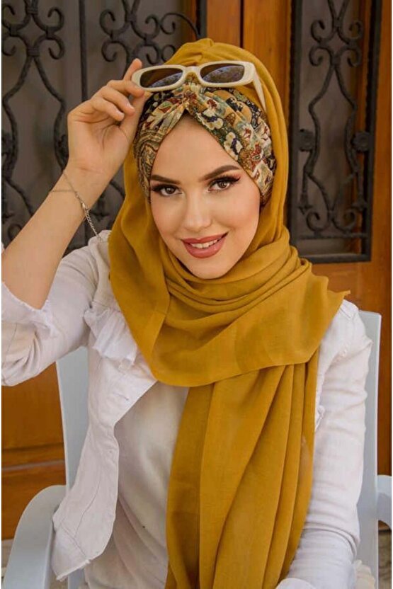 Hardal Etnik Desen Büzgülü Hazır Şal