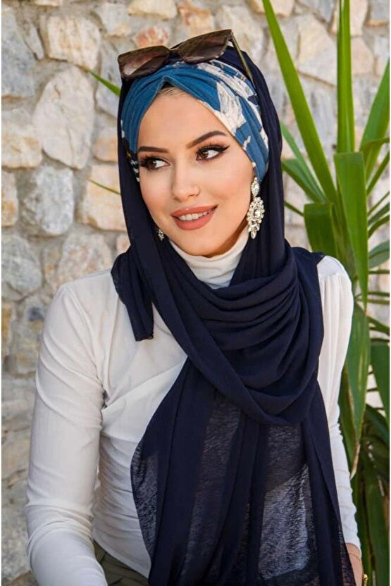 Lacivert Desenli Büzgülü Hazır Şal