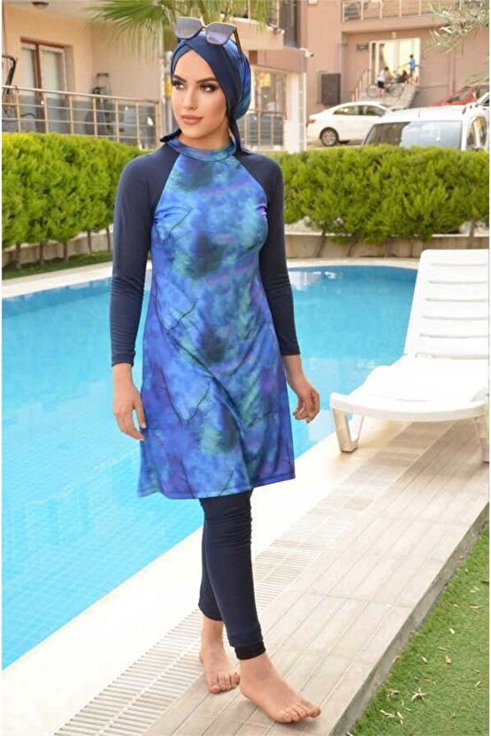 Lacivert Turkuaz Desenli Tesettür Mayo Takım