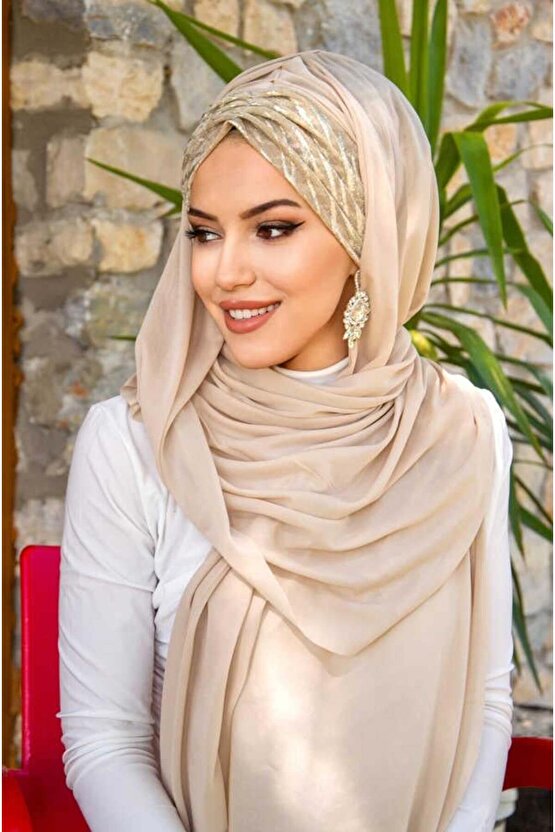 Bej Vizon Büzgülü Hazır Şal