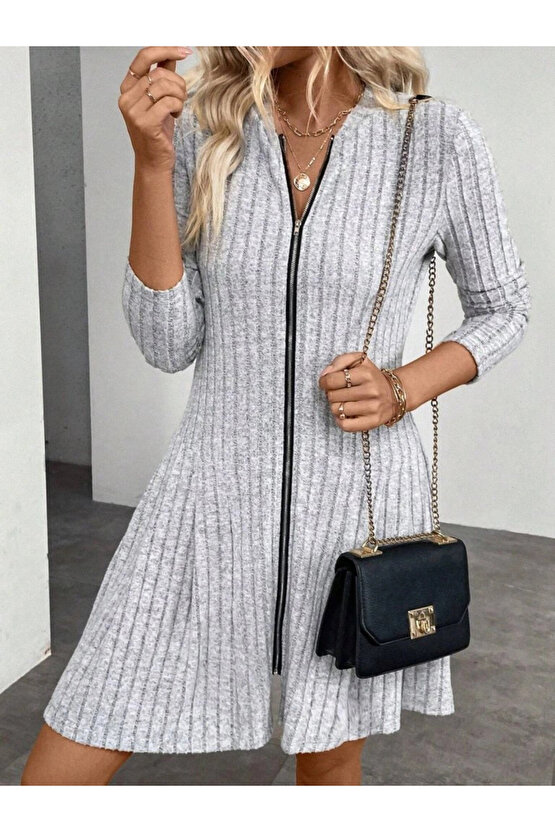 Kadın Uzun Kollu önden Fermuarlı Pileli şardonlu Kaşkorse Mini Elbise