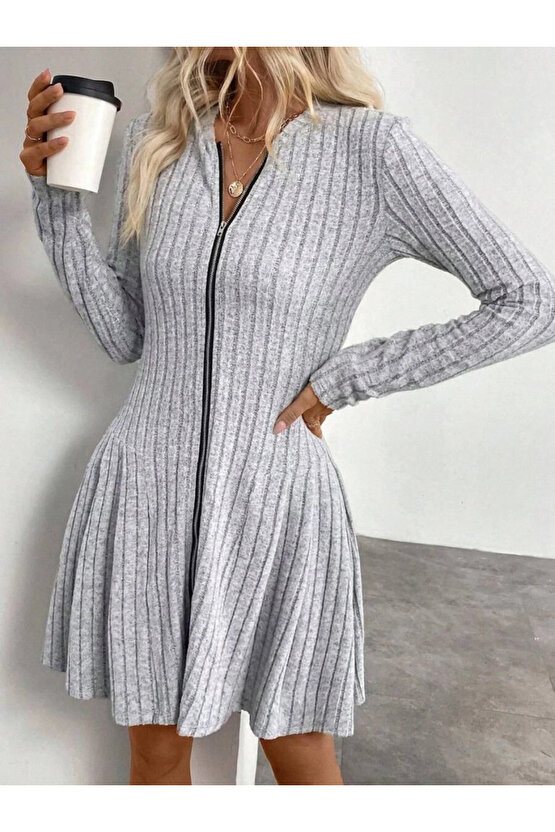 Kadın Uzun Kollu önden Fermuarlı Pileli şardonlu Kaşkorse Mini Elbise