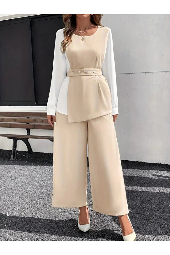 Kadın Uzun Kollu Açık Yakalı çift Renkli Kemerli Ithal Krep Ikili Takım
