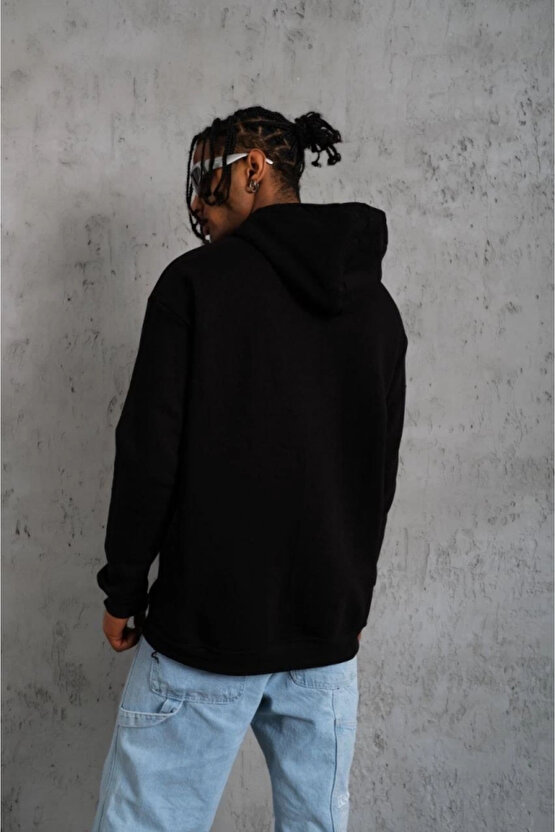 Erkek Oversize Kapüşonlu Sweatshirt – Siyah Renk Üç İplik İçi Pamuklu Kanguru Cepli Baskılı Hoodie R
