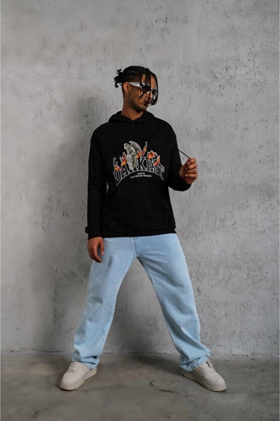 Erkek Oversize Kapüşonlu Sweatshirt – Siyah Renk Üç İplik İçi Pamuklu Kanguru Cepli Baskılı Hoodie R