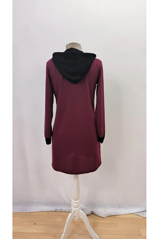 Kadın Uzun Kollu Kapşonlu önden Fermuarlı Düğmeli Mini Iki Iplik Elbise