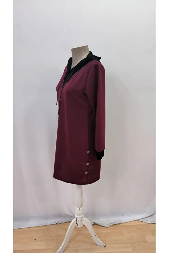 Kadın Uzun Kollu Kapşonlu önden Fermuarlı Düğmeli Mini Iki Iplik Elbise