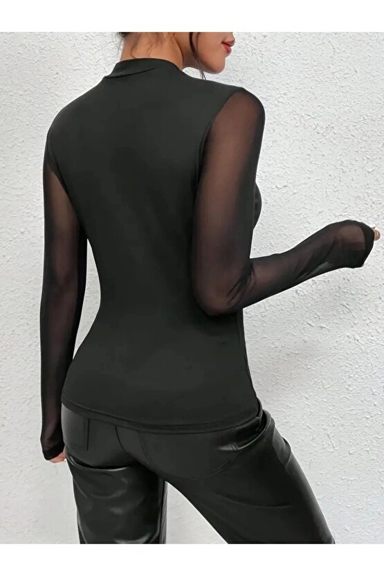 Kadın Uzun Kollu Yarı Balıkçı Yaka Kolları Tüllü Dalgıç Bluz