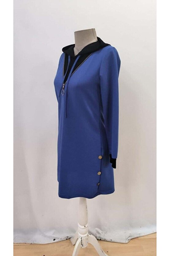 Kadın Uzun Kollu Kapşonlu önden Fermuarlı Düğmeli Mini Iki Iplik Elbise