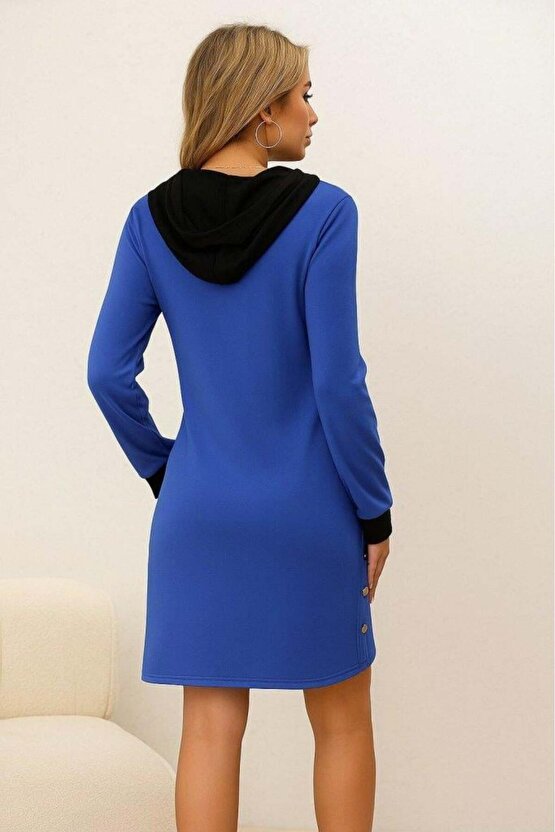 Kadın Uzun Kollu Kapşonlu önden Fermuarlı Düğmeli Mini Iki Iplik Elbise