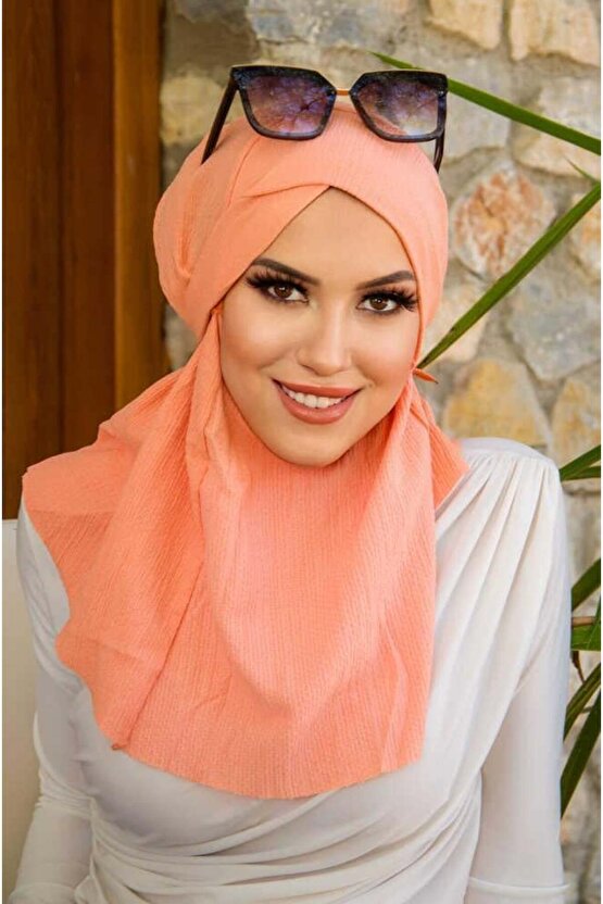 Somon Bürümcük Çapraz Bantlı Medium Size Hijab - Hazır Şal