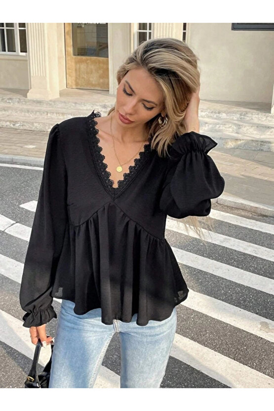 Kadın Uzun Kollu V Dantel Yaka Aerobin Bluz
