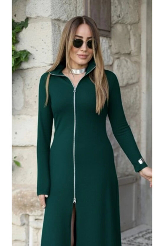 Kadın Uzun Kollu önden Fermuarlı Ithal Krep Elbise