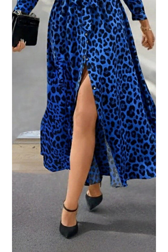 Kadın Uzun Kollu Yakalı Belden Kuşaklı Leopar Desenli Modal Uzun Elbise