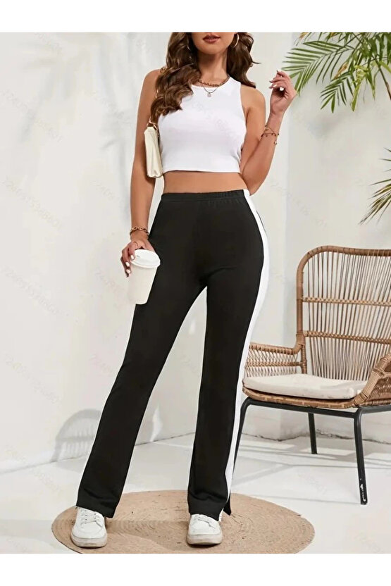 Kadın Yüksek Bel Yan şerit Detaylı Yırtmaçlı Viskon Iki Iplik Pantolon