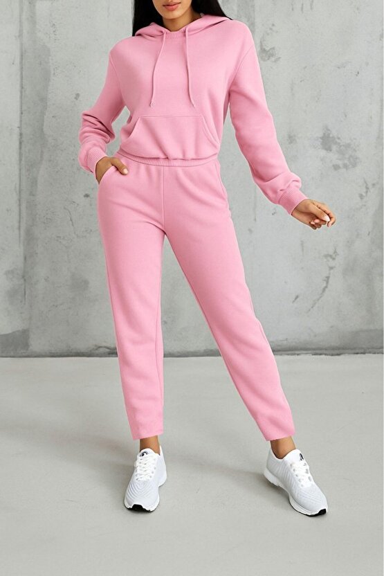 EQURİ Kadın Uzun Kollu Kapşonlu Bağcıklı üç Iplik Bluz Ve Pantolon Ikili Takım