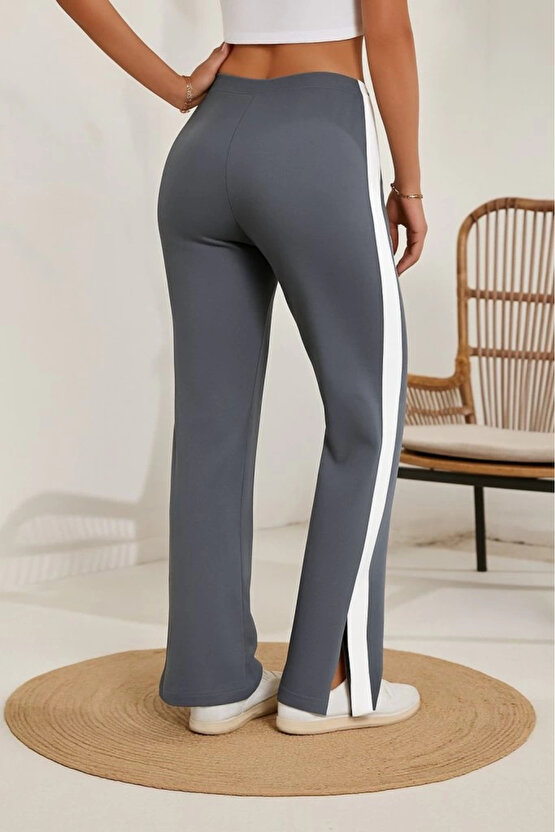 MDB Kadın Yüksek Bel Yan şerit Detaylı Yırtmaçlı Viskon Iki Iplik Pantolon