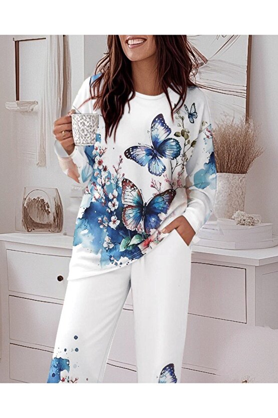 EQURİ Kadın Uzun Kollu Bisiklet Yaka Kelebek Desenli Iki Iplik Alt üst Takım