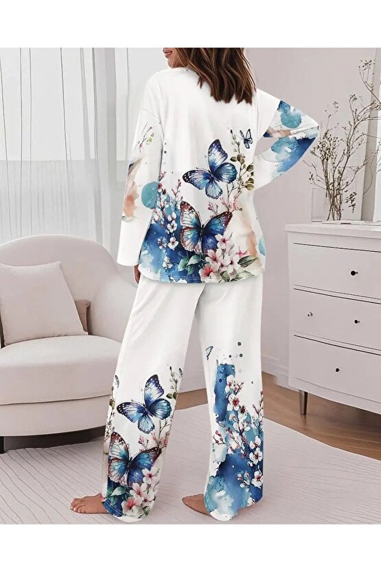 EQURİ Kadın Uzun Kollu Bisiklet Yaka Kelebek Desenli Iki Iplik Alt üst Takım