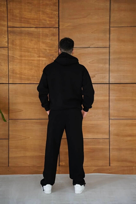 MDB Erkek Kapüşonlu Eşofman Takım Örümcek Ağı Ve Neon Yeşil Baskılı Kanguru Cepli Oversize Rahat Kal