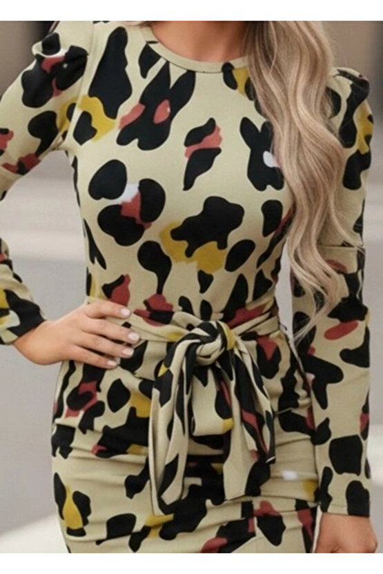 Kadın Uzun Kollu Yuvarlak Yaka Belden Kuşaklı önden Yırtmaçlı örme Krep Elbise