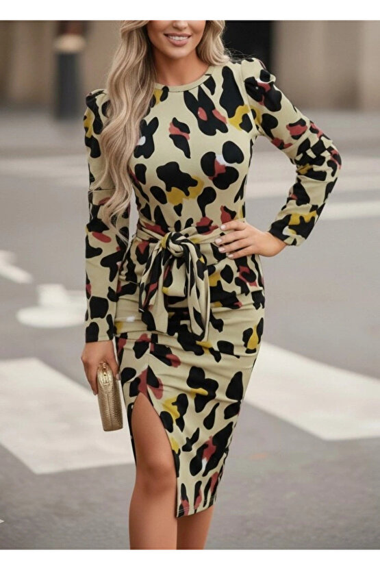 Kadın Uzun Kollu Yuvarlak Yaka Belden Kuşaklı önden Yırtmaçlı örme Krep Elbise