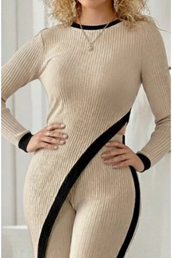 Kadın Uzun Kollu Bisiklet Yaka Asimetrik Kesim Bluz şardonlu Kaşkorse Bluz Ve Pantolon Ikili Takım