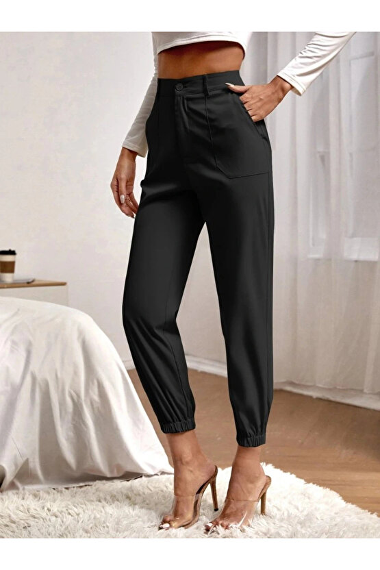Kadın Yüksek Bel Cepli Paçası Lastikli Ithal Krep Pantolon