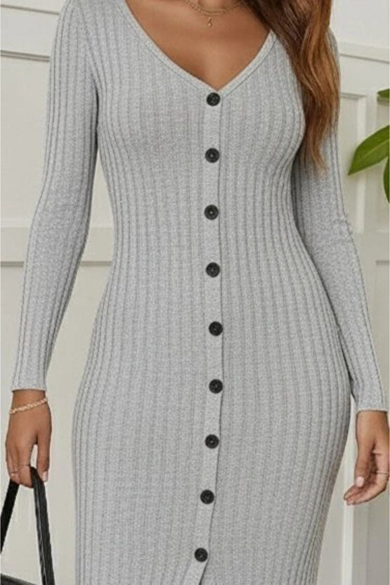 Kadın Uzun Kollu V Yakalı önden Düğmeli şardonlu Kaşkorse Elbise