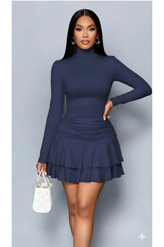 Kadın Uzun Kollu Balıkçı Yaka Mini Fırfırlı Sandy Elbise
