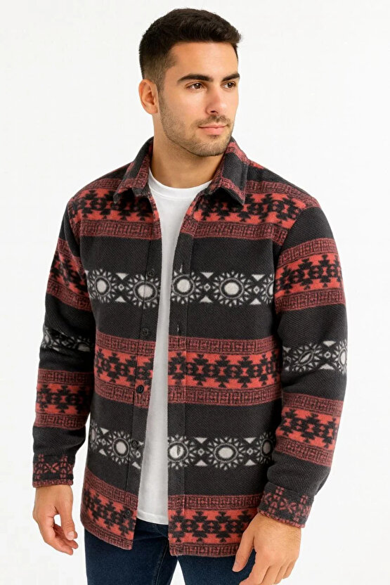 Erkek Desenli Polar Gömlek – Etnik Şerit Desen Yakalı, Uzun Kollu, Düğmeli, Oversize Rahat Kalıp - F