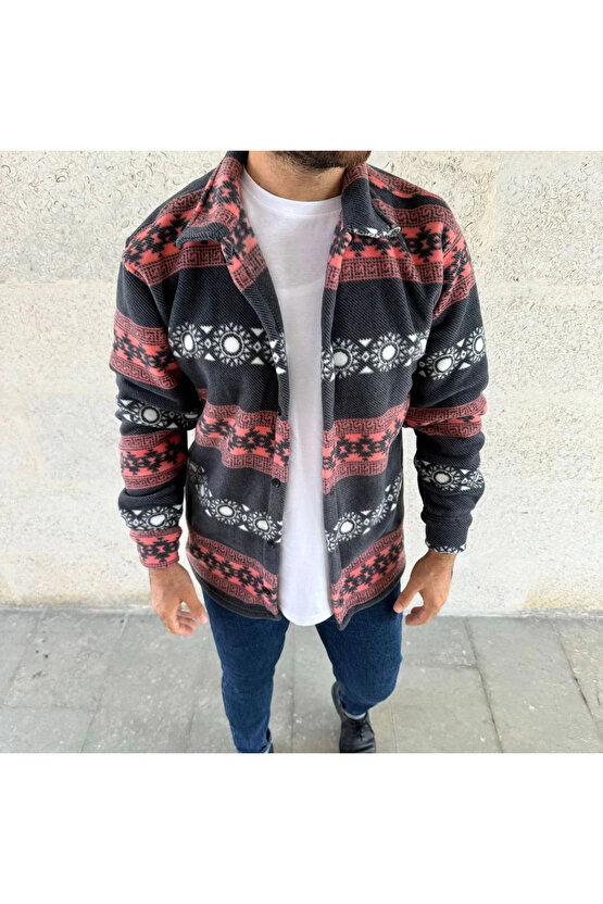 Erkek Desenli Polar Gömlek – Etnik Şerit Desen Yakalı, Uzun Kollu, Düğmeli, Oversize Rahat Kalıp - F