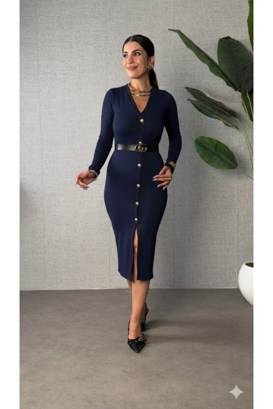 EQURİ Kadın Uzun Kollu V Yakalı önden Düğmeli Yırtmaçlı Modal Midi Kemersiz Elbise