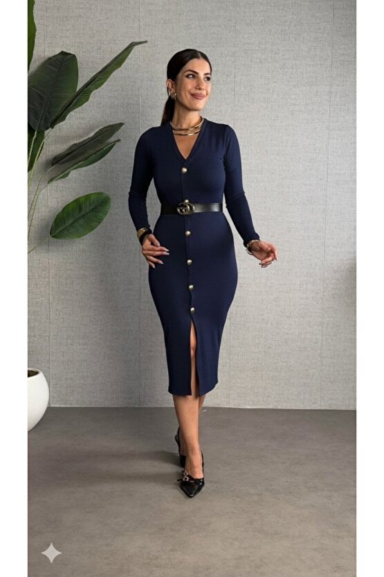 EQURİ Kadın Uzun Kollu V Yakalı önden Düğmeli Yırtmaçlı Modal Midi Kemersiz Elbise